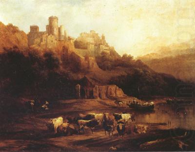 Jenaro Perez Villaamil Herd of Cattle Resting on a Riverbank in Front of a Castle (mk22) china oil painting image